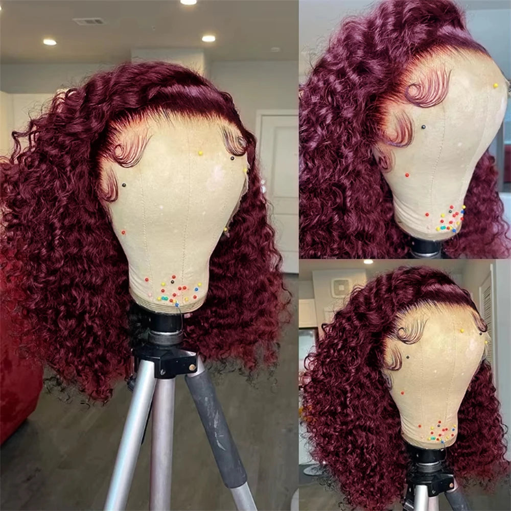 99J Deep Water Wave Bob Burgundy Lace Front Wigs Bob 100% Human Hair 13x4 Lace Frontal Wig Short Bob Kinky Curly Wig Brazilian