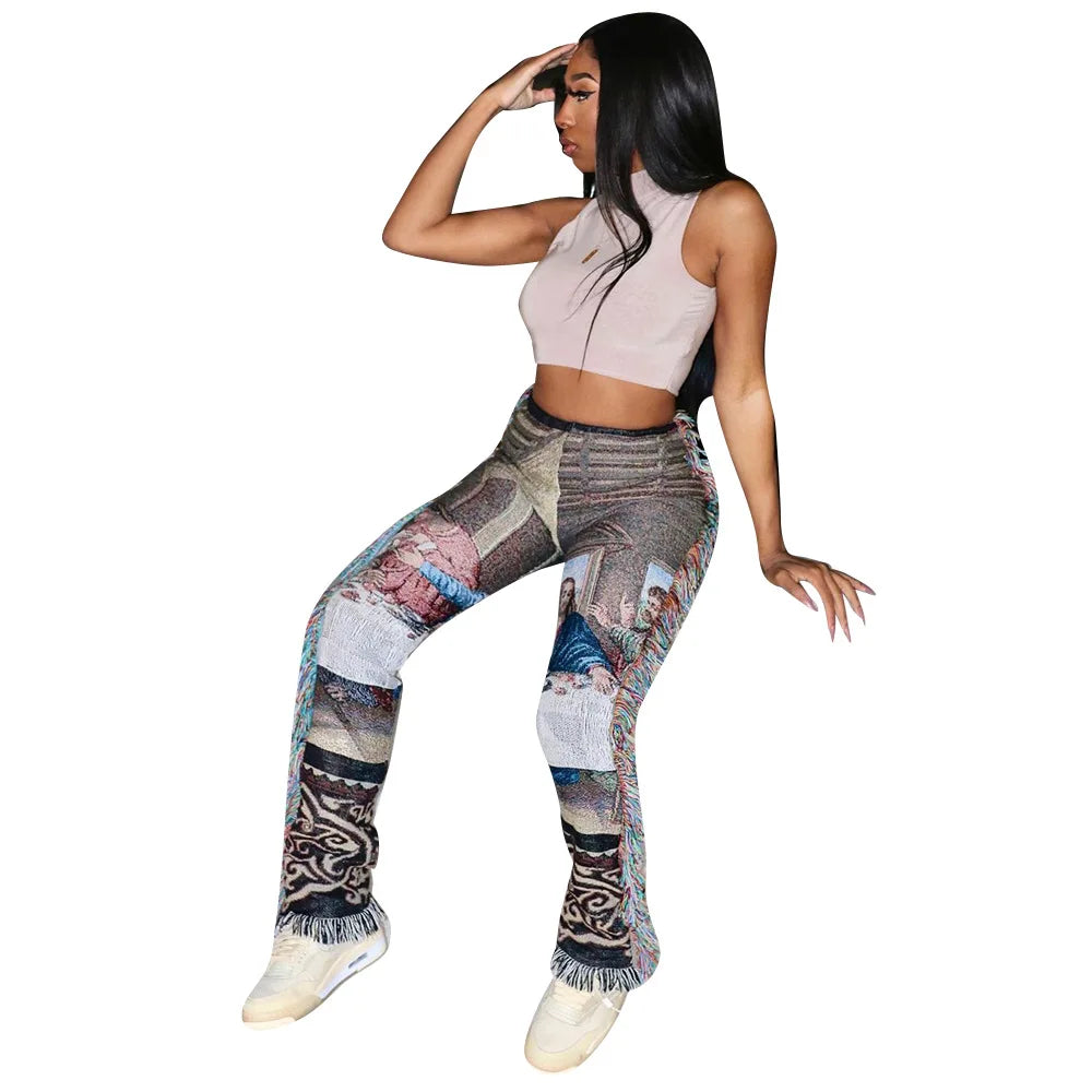 Tassel Patchwork Striped Print Jogger Pant Women Rave Festival Clothing 2023 Summer Casual High Waist Bodycon Active Sweat Pants