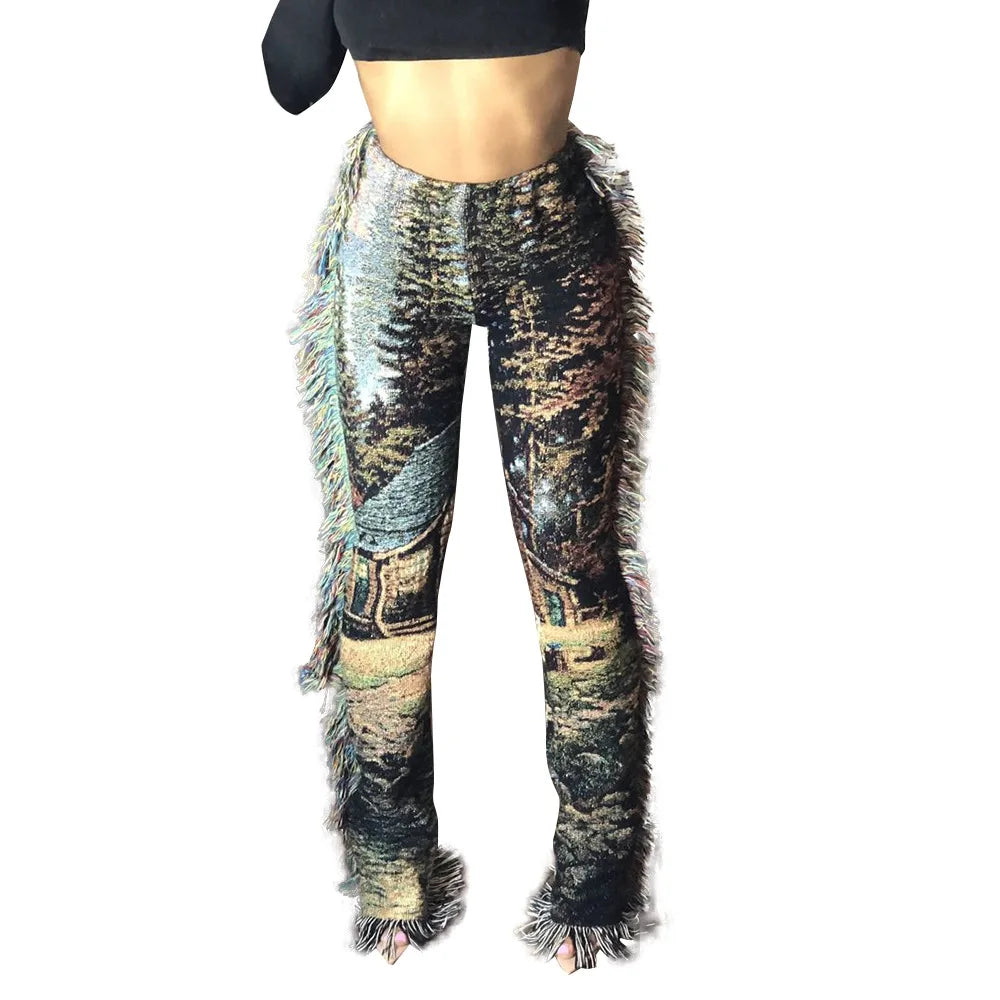 Tassel Patchwork Striped Print Jogger Pant Women Rave Festival Clothing 2023 Summer Casual High Waist Bodycon Active Sweat Pants