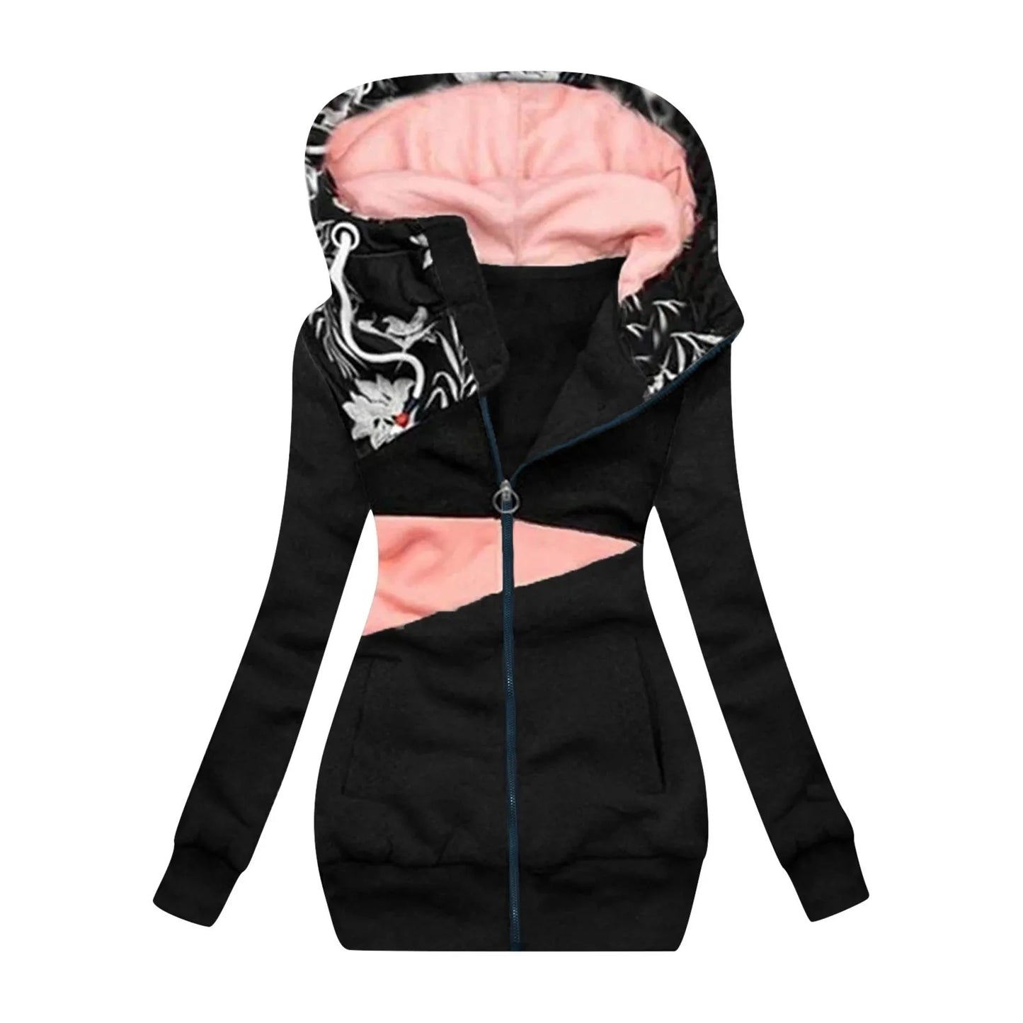 Women'S Fashoin Jackets 2023 Casual Patchwork Print Outerwear Streetwear Zipper Hoodie Coats Pocket Cardigan Thicker Warm Coat