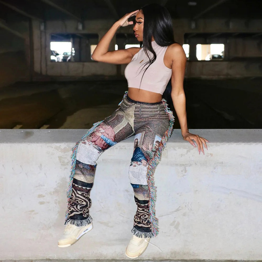 Tassel Patchwork Striped Print Jogger Pant Women Rave Festival Clothing 2023 Summer Casual High Waist Bodycon Active Sweat Pants