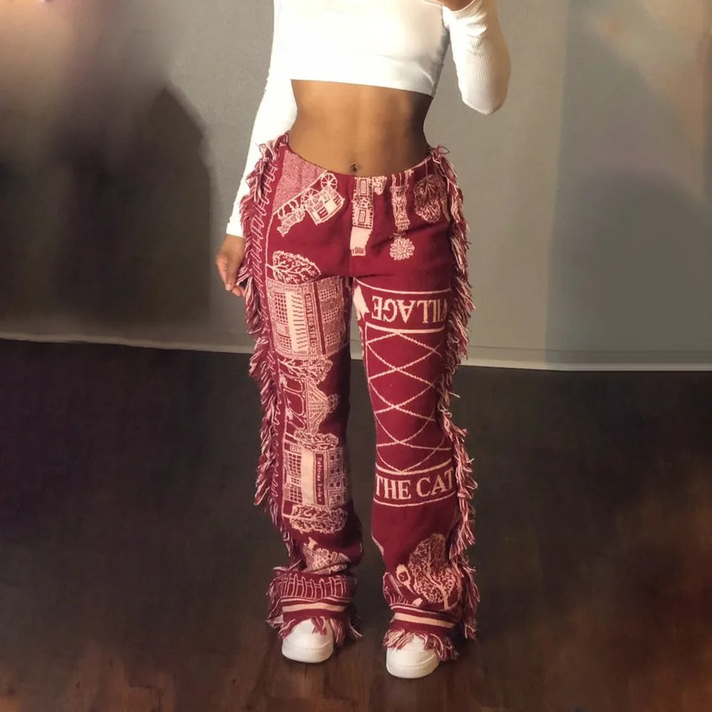 Tassel Patchwork Striped Print Jogger Pant Women Rave Festival Clothing 2023 Summer Casual High Waist Bodycon Active Sweat Pants