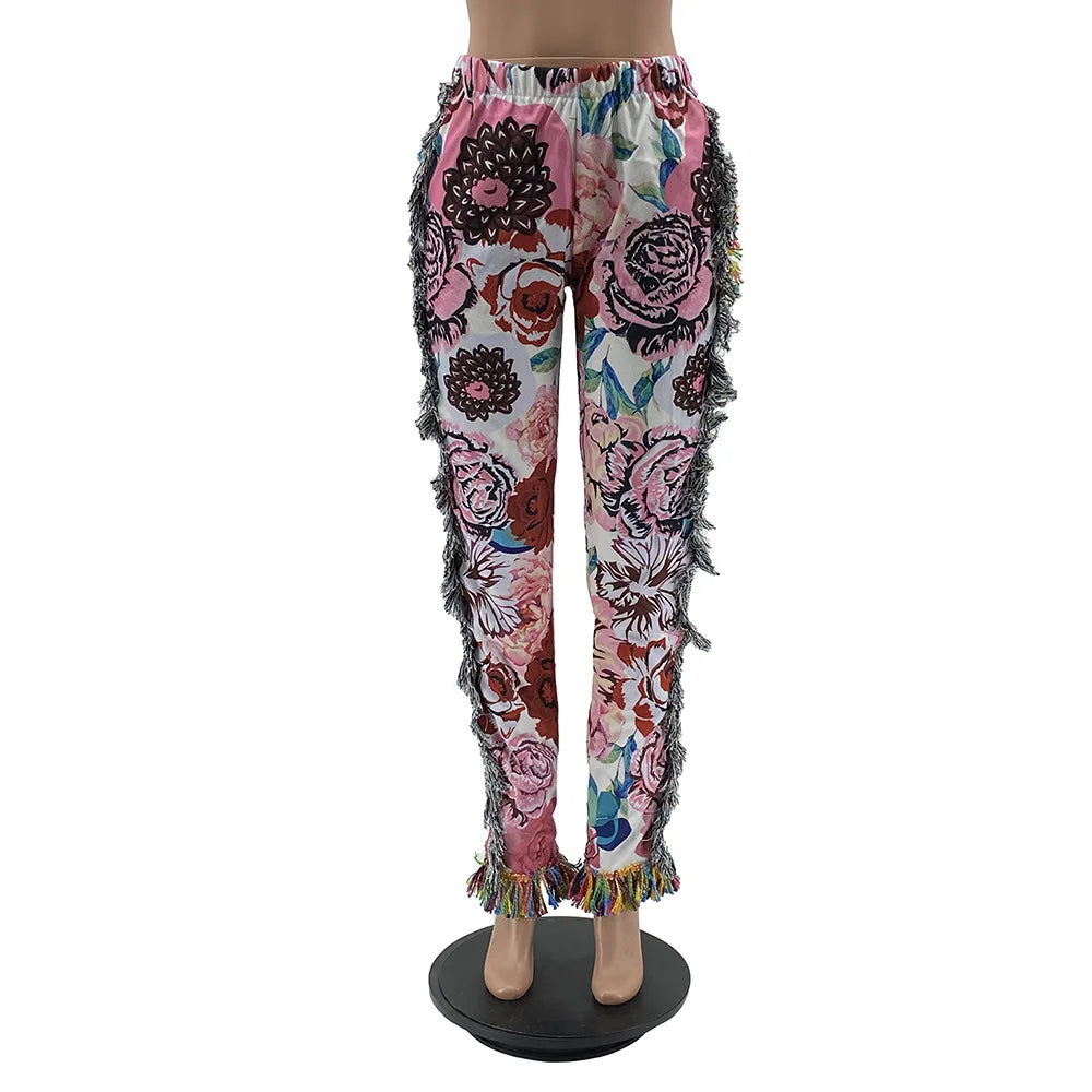 Tassel Patchwork Striped Print Jogger Pant Women Rave Festival Clothing 2023 Summer Casual High Waist Bodycon Active Sweat Pants