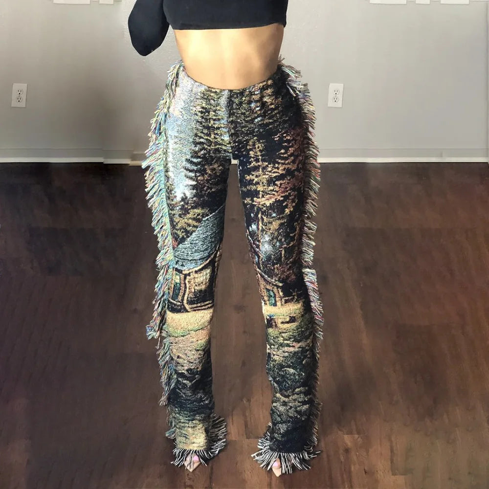 Tassel Patchwork Striped Print Jogger Pant Women Rave Festival Clothing 2023 Summer Casual High Waist Bodycon Active Sweat Pants