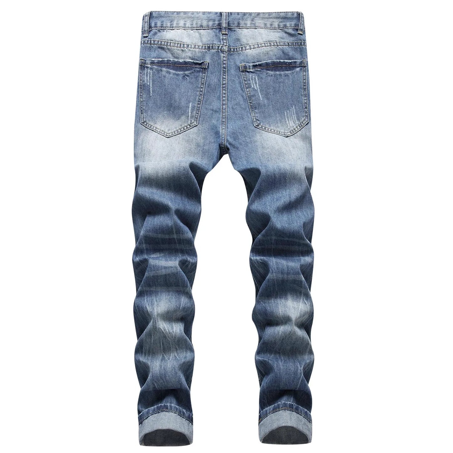 Mens Fashion Casual Straight Hole Buckle Zipper Denim Long Pants Trousers Fashion Street Style Ripped Skinny Jeans