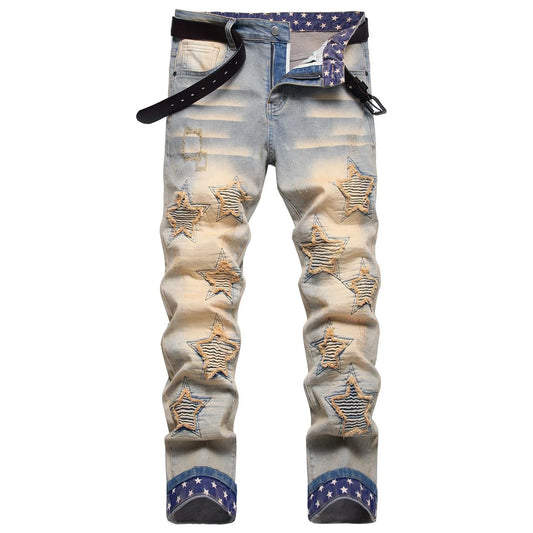 New And Style Stretch Hole Beggar Street Embroidery With Vintage Flanged Personality Fashion Men'S Casual High Quality Pants