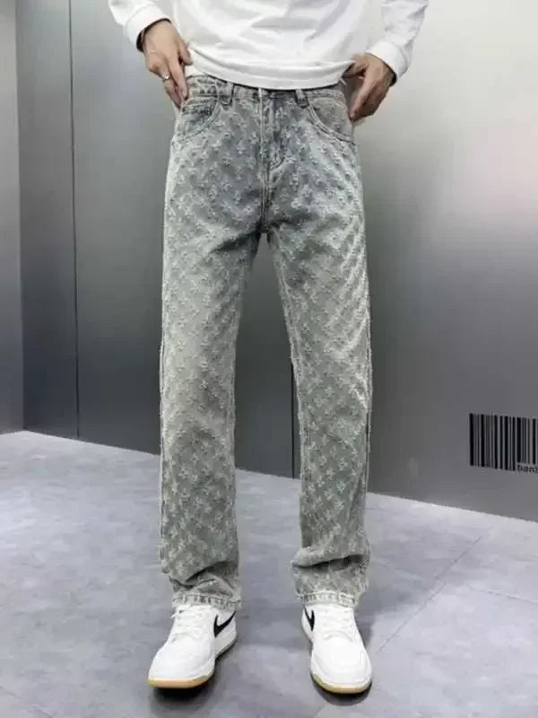 Korean Retro Long Pants High Street Ins Trendy Brand Jacquard Design Jeans Men's Street Y2K Loose Wide Leg Hip-hop Jeans