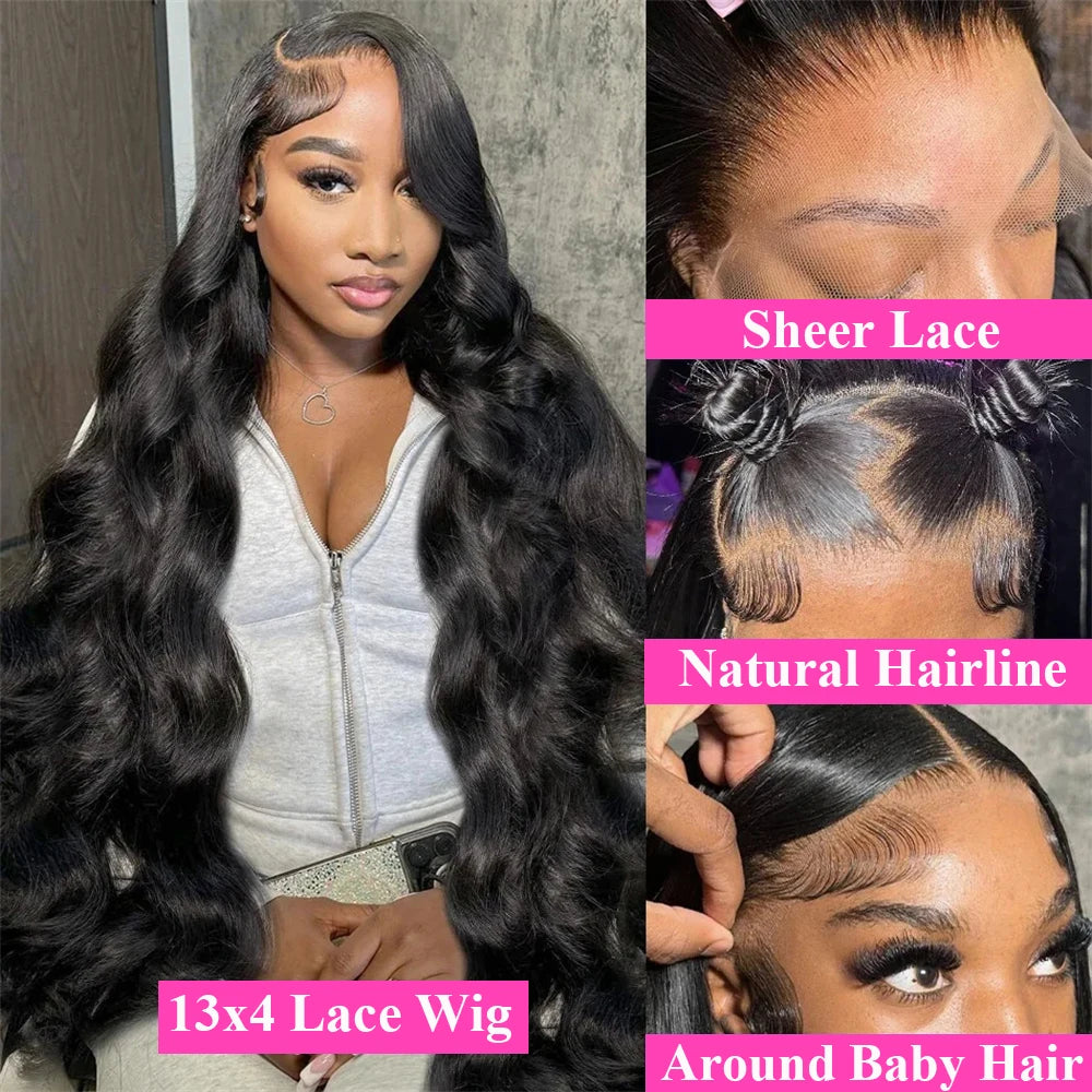 Body Wave 13x4 Transparent Lace Front Curly 100% Human Hair Wig Natural Black Lace Frontal Wigs 30 Inches Preplucked For Women