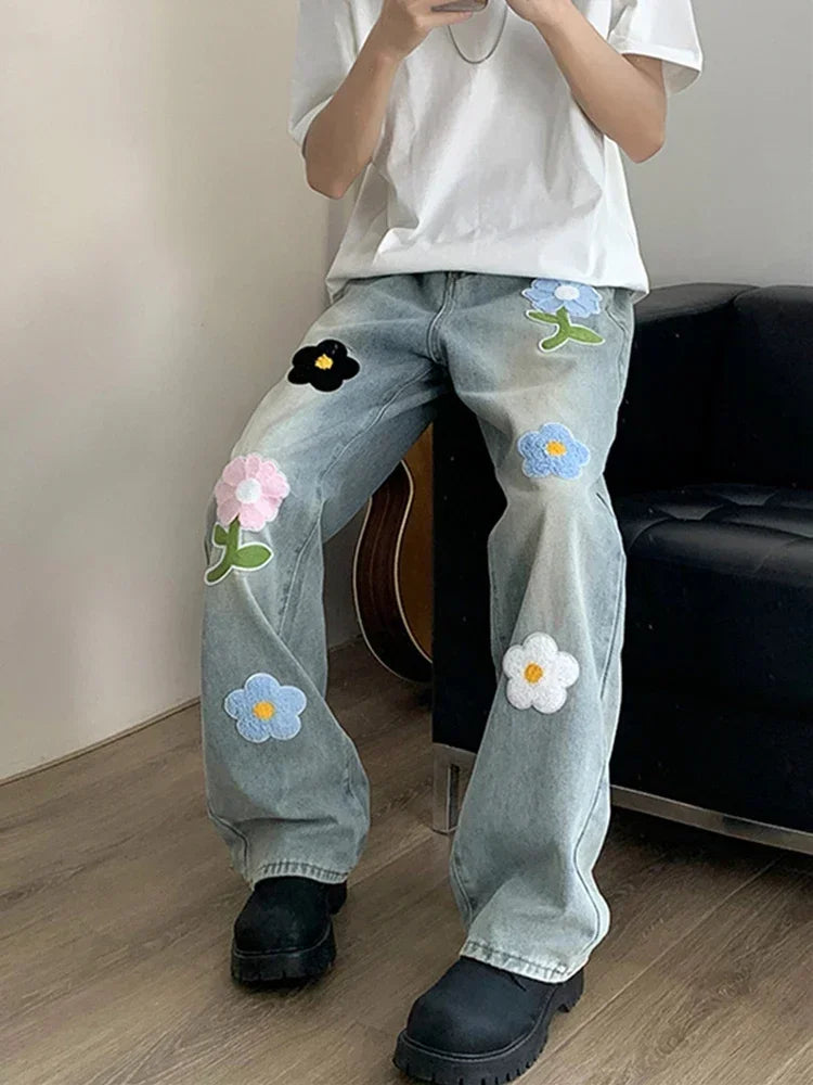 Y2K Vintage Flower Embroidered Jeans For Men High Street Baggy Straight Wide Leg Denim Pants Autumn Design Hip Hop Fashion Jean