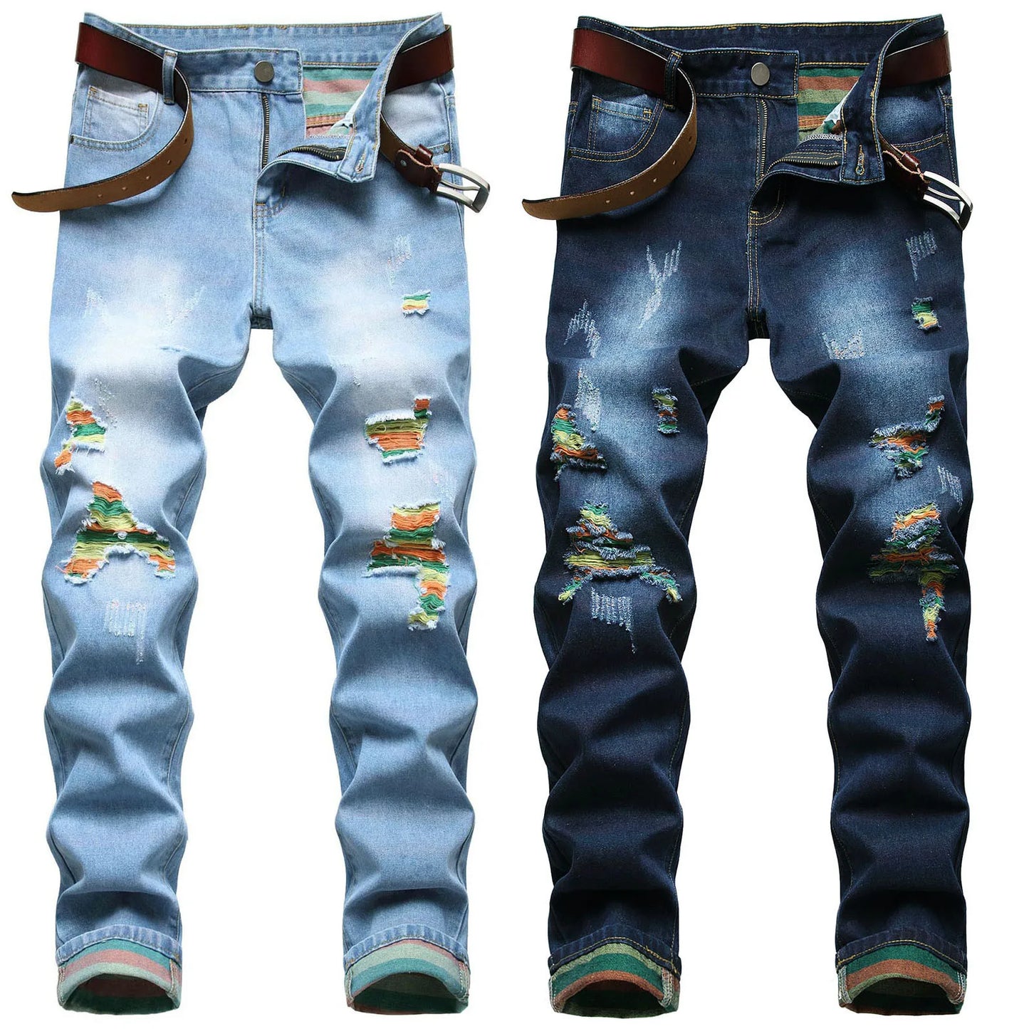 Men Vintage Wash Solid Denim Trousers Floor Mopping Jeans Mens Fashion Casual Fashion Ripped Straight Fit Rainbow Jeans