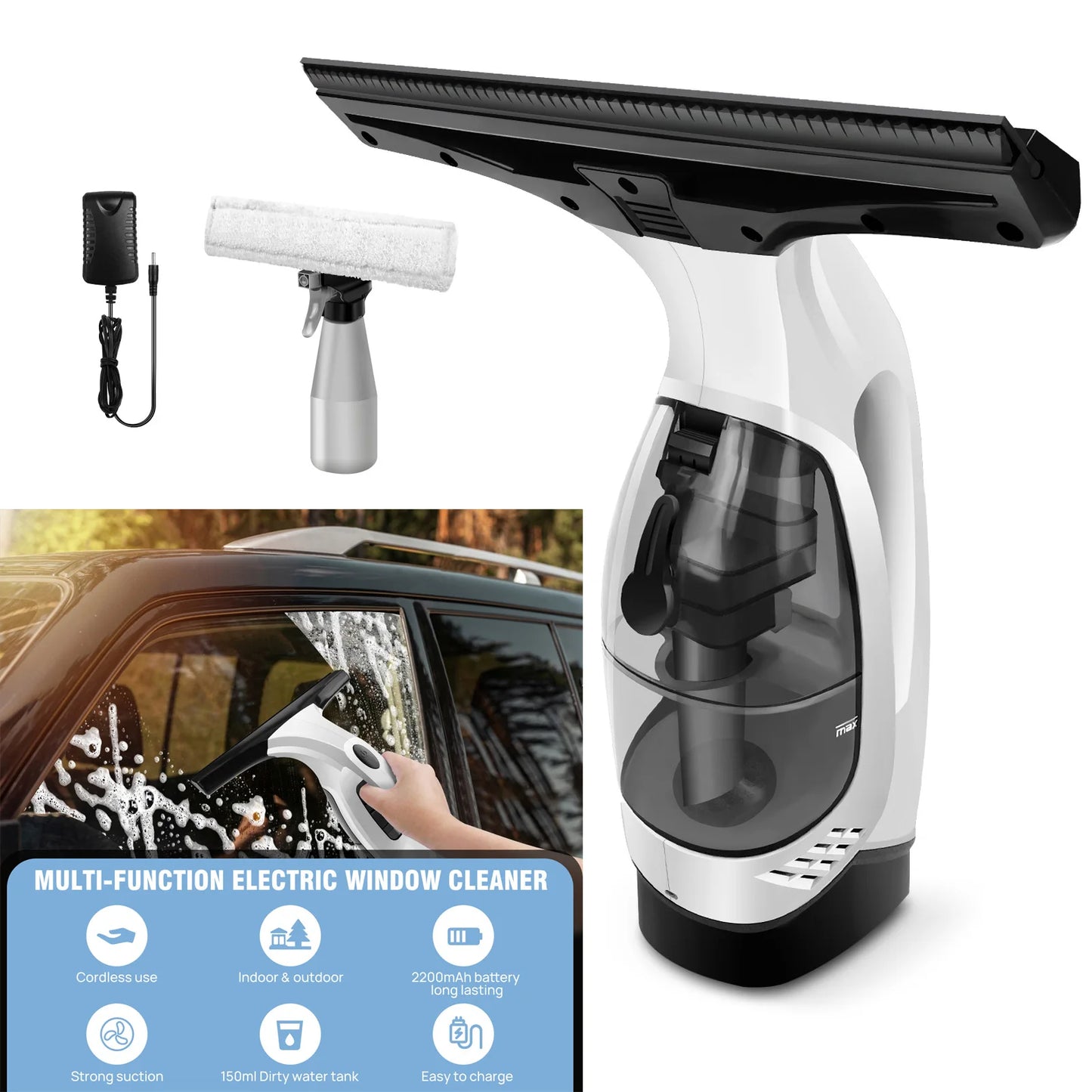 Cordless Window Vac Cleaner, Rechargeable Window Cleaner - 28cm Squeegee Element & 150ml Water Tank, Cordless Window Washer