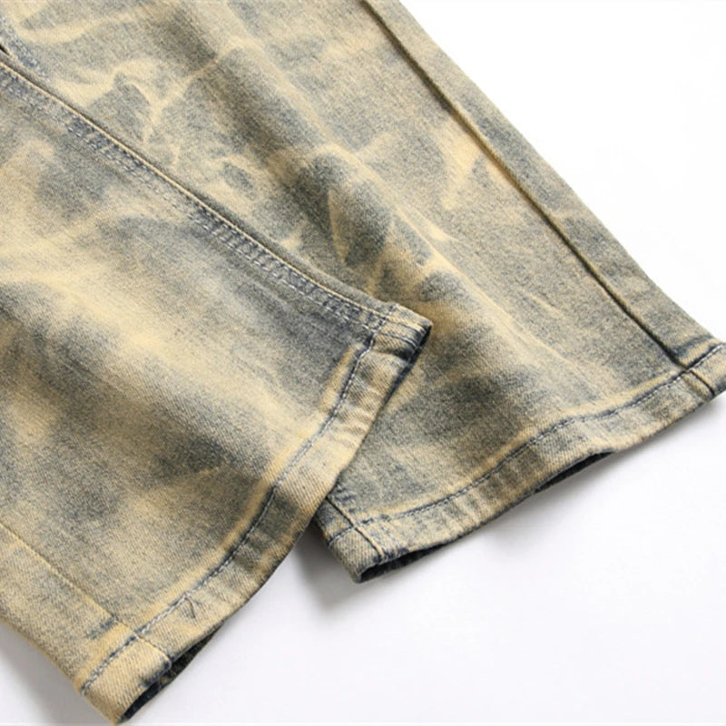 Autumn Winter New Yellow Spliced Ripped Jeans High Street straight Leg Mid-Waist Stretch Casual Pants