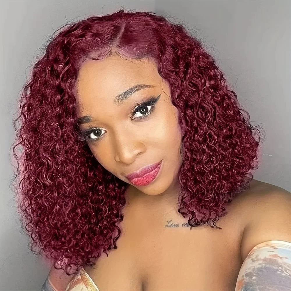 99J Deep Water Wave Bob Burgundy Lace Front Wigs Bob 100% Human Hair 13x4 Lace Frontal Wig Short Bob Kinky Curly Wig Brazilian