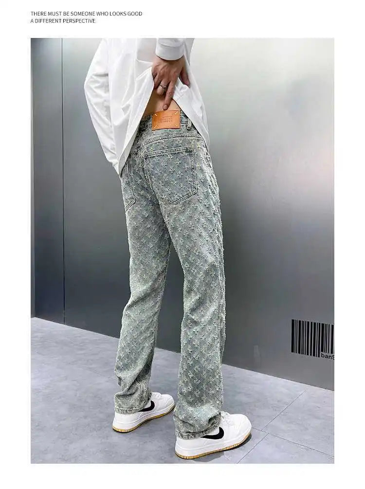 Korean Retro Long Pants High Street Ins Trendy Brand Jacquard Design Jeans Men's Street Y2K Loose Wide Leg Hip-hop Jeans