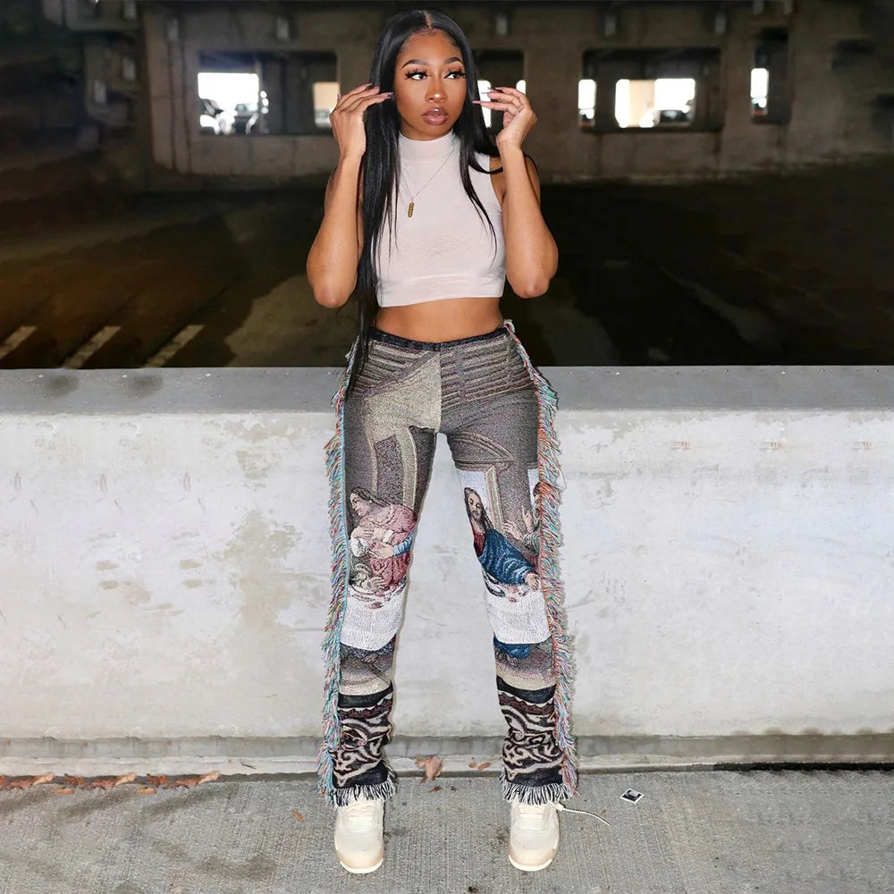 Tassel Patchwork Striped Print Jogger Pant Women Rave Festival Clothing 2023 Summer Casual High Waist Bodycon Active Sweat Pants