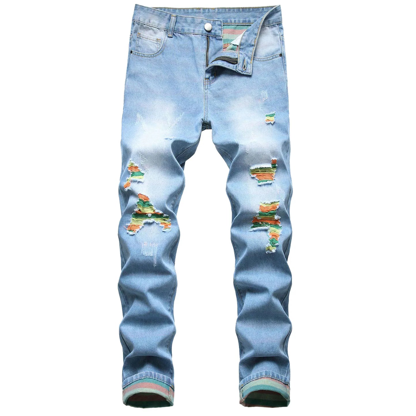 Men Vintage Wash Solid Denim Trousers Floor Mopping Jeans Mens Fashion Casual Fashion Ripped Straight Fit Rainbow Jeans