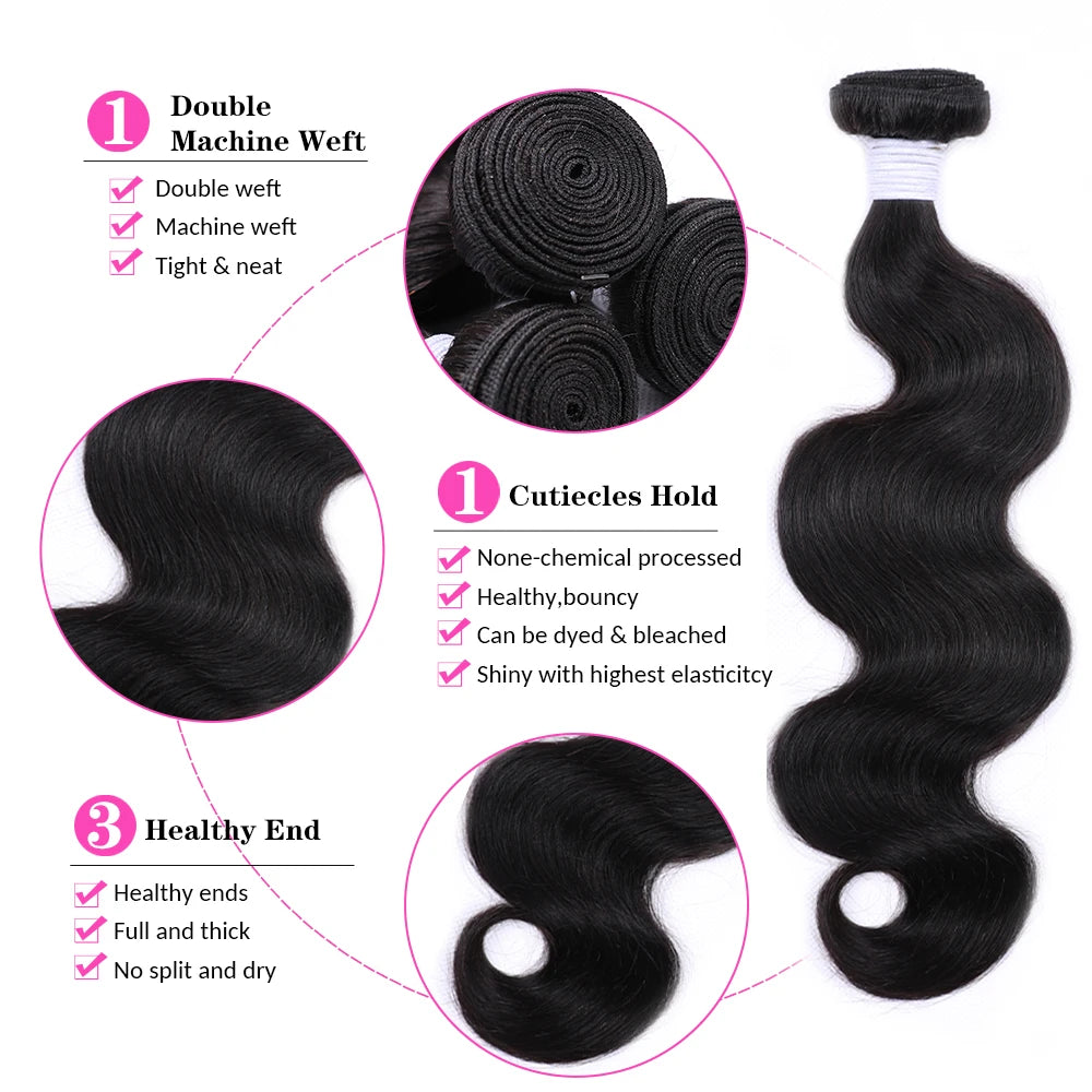 Body Wave Human Hair Bundles Brazilian Hair Weave Bundles 1/3/4 Bundle Deals Human Hair Extensions Natural & Jet Black