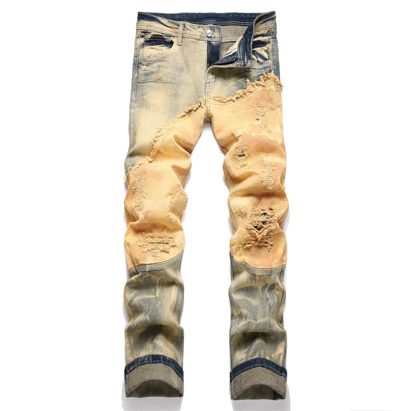 Autumn Winter New Yellow Spliced Ripped Jeans High Street straight Leg Mid-Waist Stretch Casual Pants