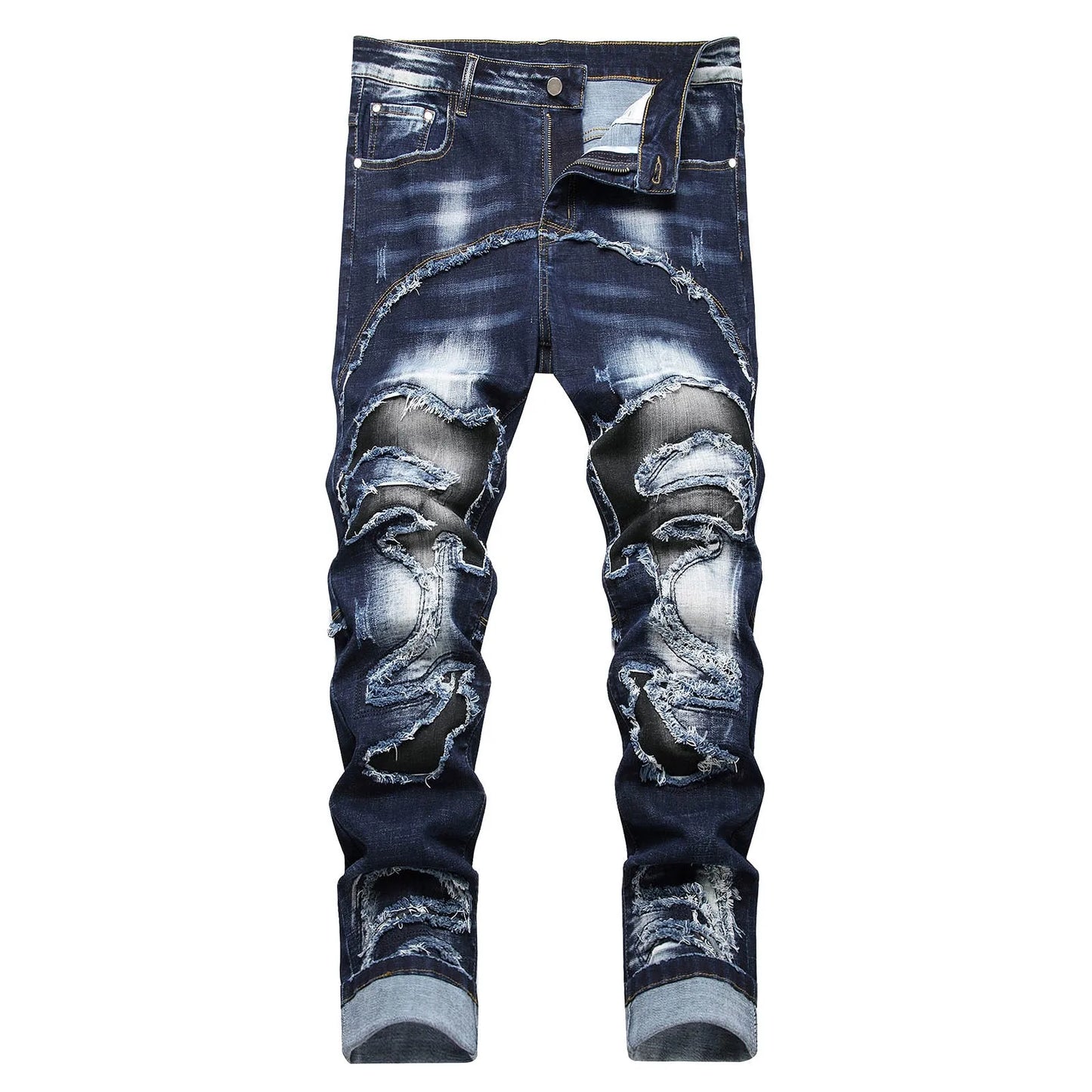 Men'S Fashion Printed Slim Fit Jeans American Grunge High Street Casual Jeans Solid Color Light Blue Pants Punk Long Trousers