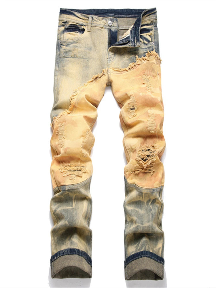 Autumn Winter New Yellow Spliced Ripped Jeans High Street straight Leg Mid-Waist Stretch Casual Pants