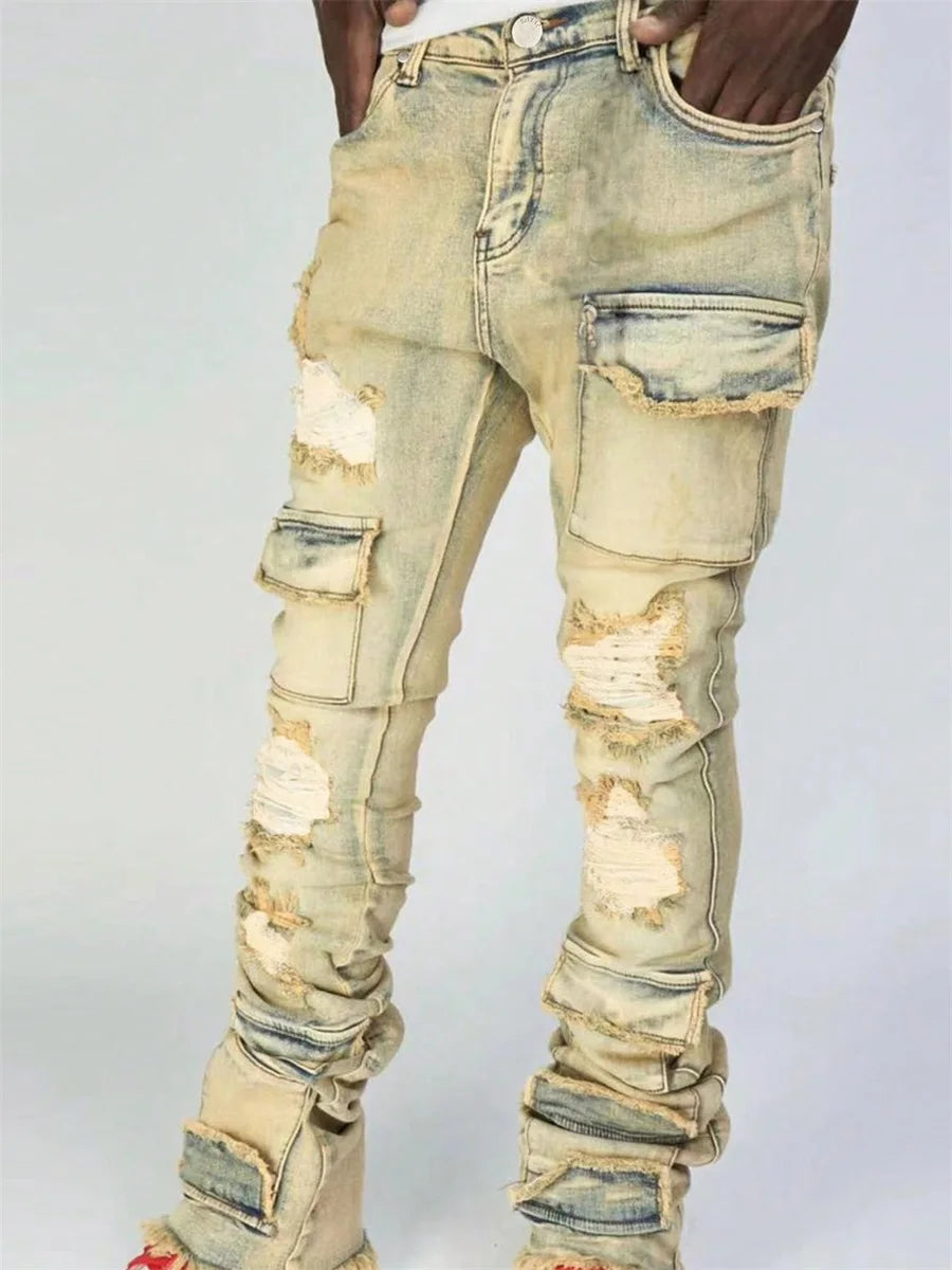 Men Ripped Denim Pants Distressed Skinny Cargo Pants Casual Trousers with Pockets for Streetwear Autumn Spring Clothes Punk Y2K