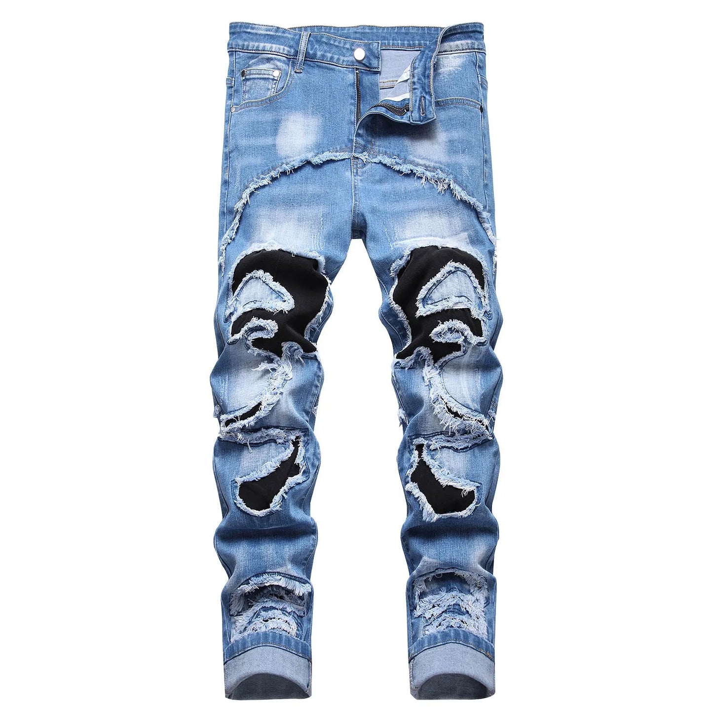 Men'S Fashion Printed Slim Fit Jeans American Grunge High Street Casual Jeans Solid Color Light Blue Pants Punk Long Trousers