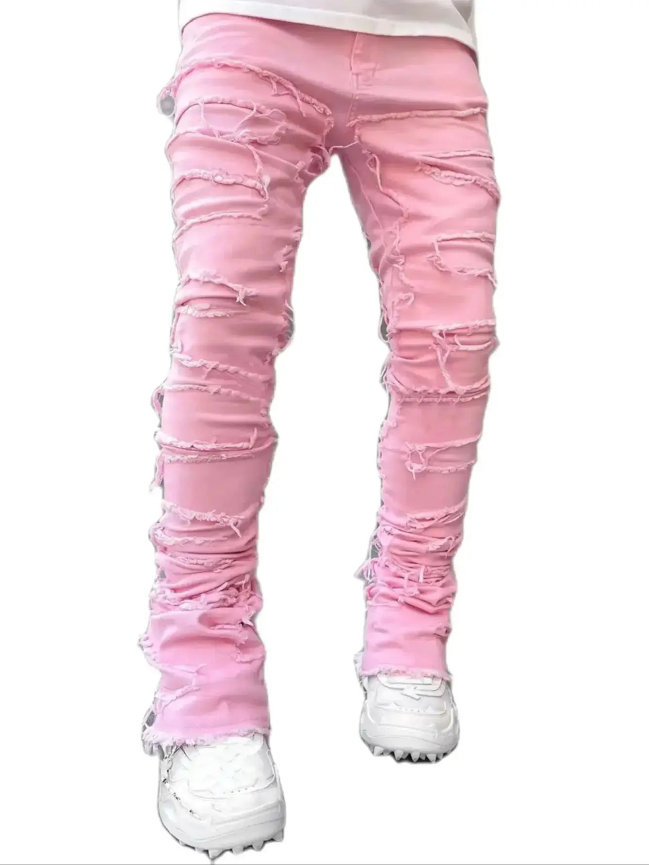 Men's Regular Fit Stacked Jeans Ripped Slim Fit Patch Distressed Destroyed Straight Denim Pants Hip Hop Streetwear Trouser Cloth