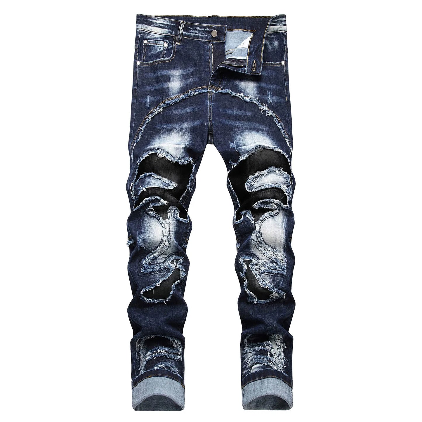 Men'S Fashion Printed Slim Fit Jeans American Grunge High Street Casual Jeans Solid Color Light Blue Pants Punk Long Trousers