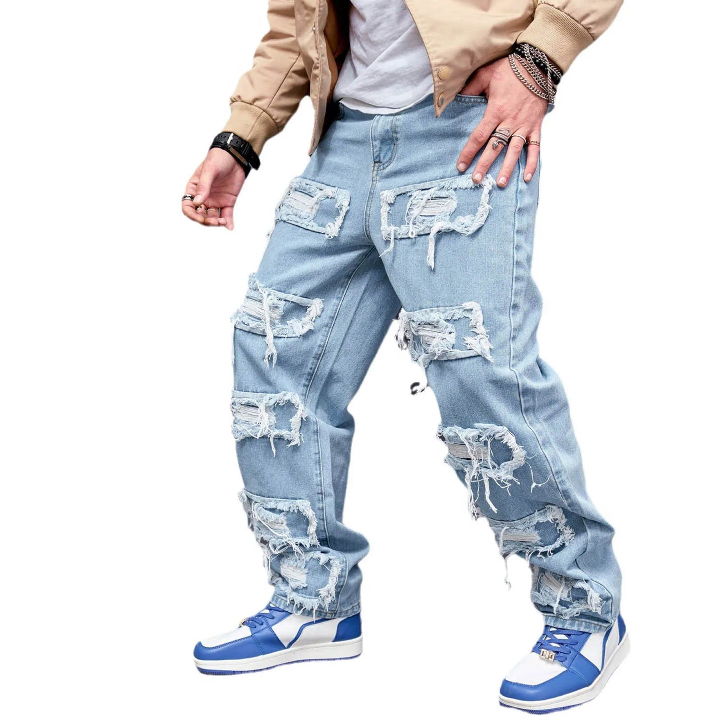 Men'S Fashion Denim Trouser Cotton Hole Straight Pocket Distressed Jeans Pants Stylish Classic Jeans High Street Ins Trendy