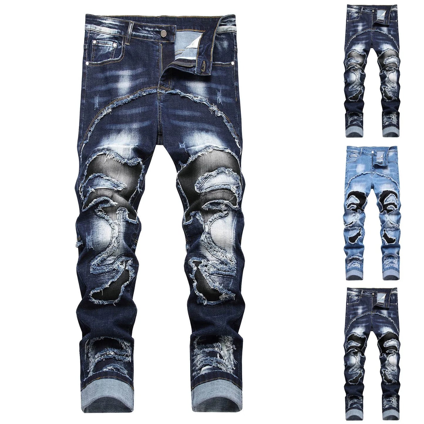 Men'S Fashion Printed Slim Fit Jeans American Grunge High Street Casual Jeans Solid Color Light Blue Pants Punk Long Trousers