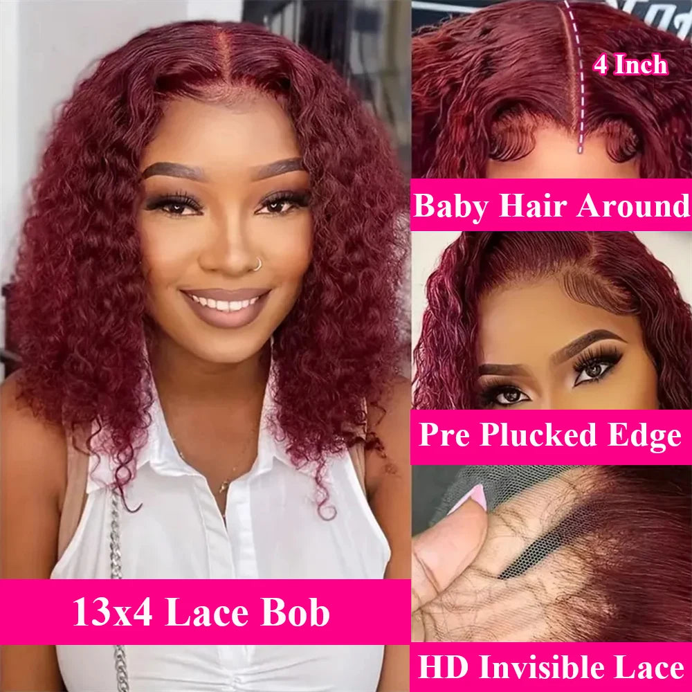 99J Deep Water Wave Bob Burgundy Lace Front Wigs Bob 100% Human Hair 13x4 Lace Frontal Wig Short Bob Kinky Curly Wig Brazilian