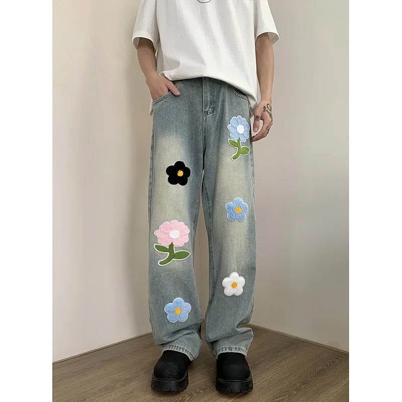 Y2K Vintage Flower Embroidered Jeans For Men High Street Baggy Straight Wide Leg Denim Pants Autumn Design Hip Hop Fashion Jean