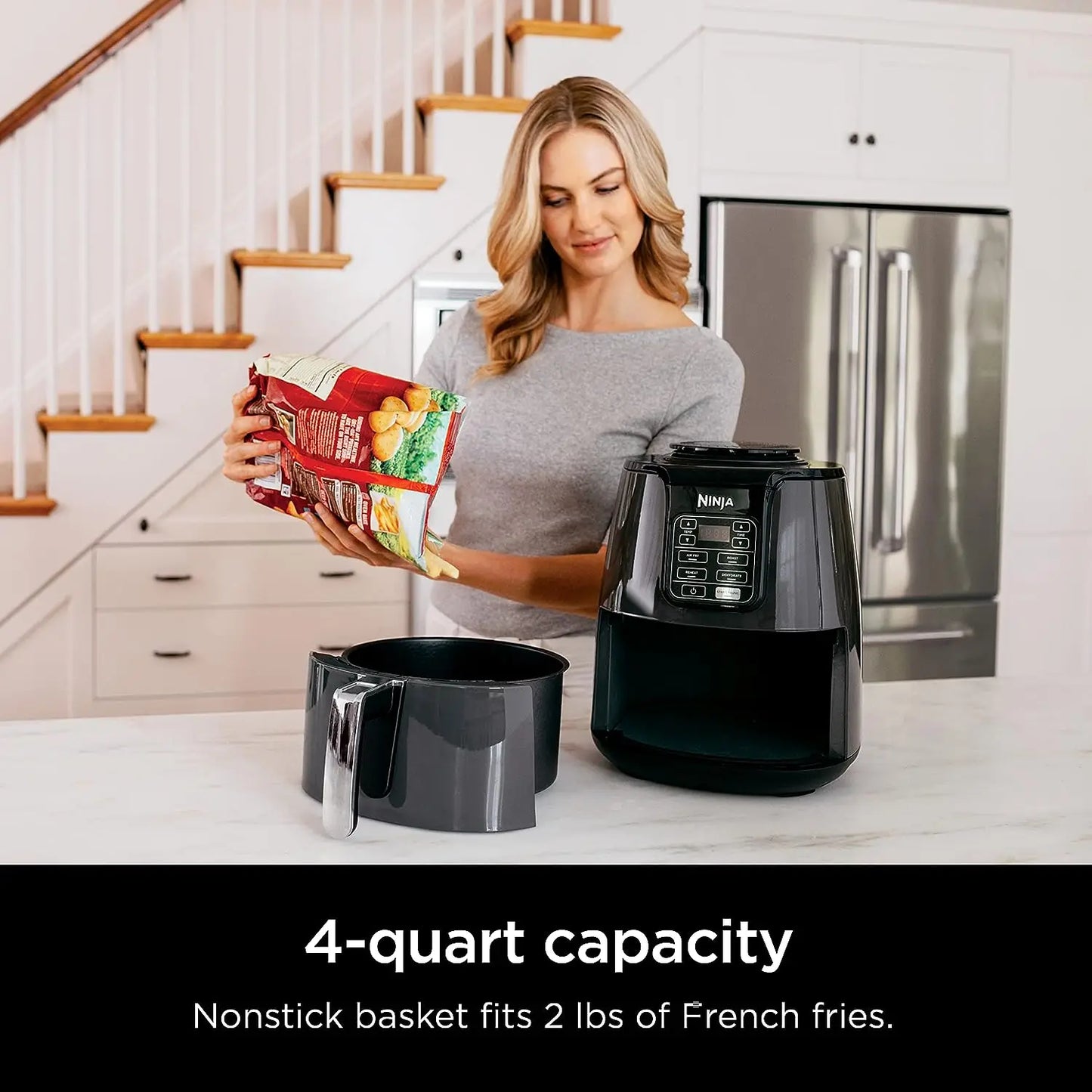 Air Fryer, Roast, Bake, Air Fry, Roast, Broil, Reheats, & Dehydrates, 4-in-1, Fries, Frozen Food, Veggies, and Juicy Meat, Less