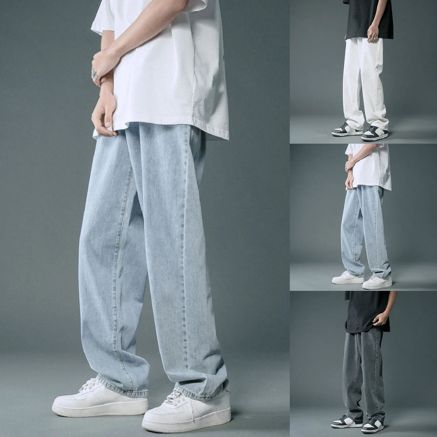 Light Blue Baggy Jeans for Men Korean Style Fashion Loose Straight Wide Leg Pants New Hip Hop StreetwearMale Brand Clothing