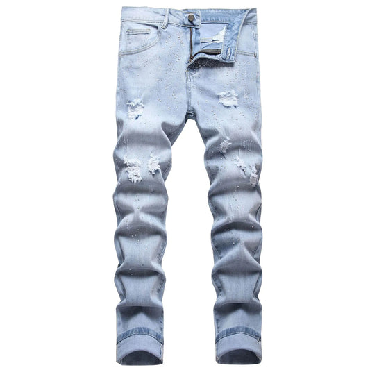 Men'S Ripped Stretch Denim Trousers Personality Hot Diamond Fashion Slim Fit Jeans Men Baggy Harem Jean Trousers