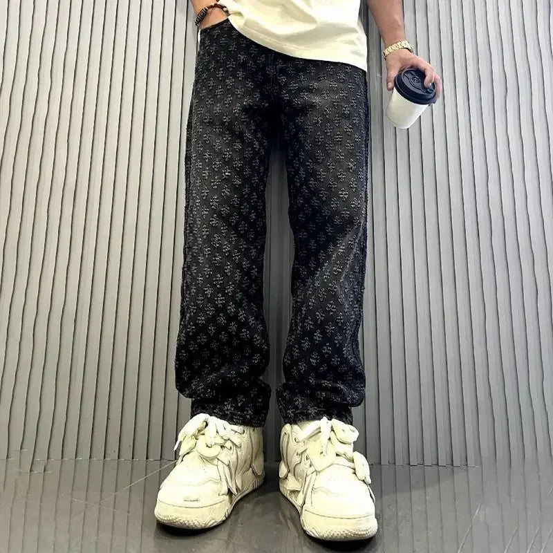 Korean Retro Long Pants High Street Ins Trendy Brand Jacquard Design Jeans Men's Street Y2K Loose Wide Leg Hip-hop Jeans