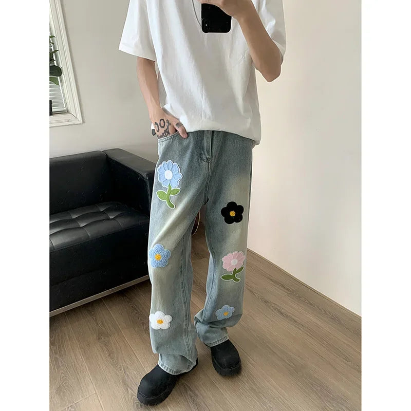 Y2K Vintage Flower Embroidered Jeans For Men High Street Baggy Straight Wide Leg Denim Pants Autumn Design Hip Hop Fashion Jean