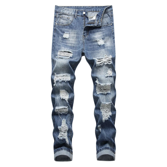 Mens Fashion Casual Straight Hole Buckle Zipper Denim Long Pants Trousers Fashion Street Style Ripped Skinny Jeans