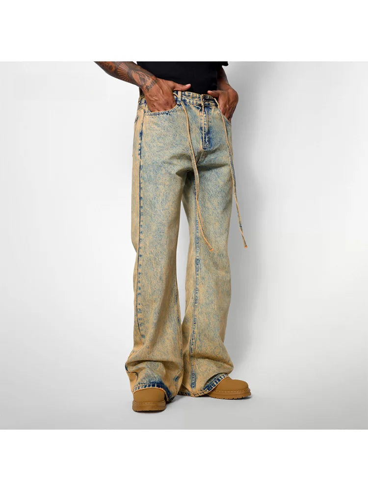 Men's jeans Casual Baggy Autumn and winter Wide leg Brown pants Make old American style High street fashion Trousers for men