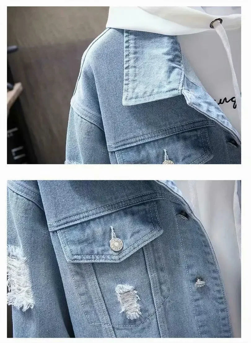 Men Denim Jacket 2025 Ripped Hole Single Breasted Coats Spliced Outerwear Jackets Pockets Casual Loose Washed Distressed