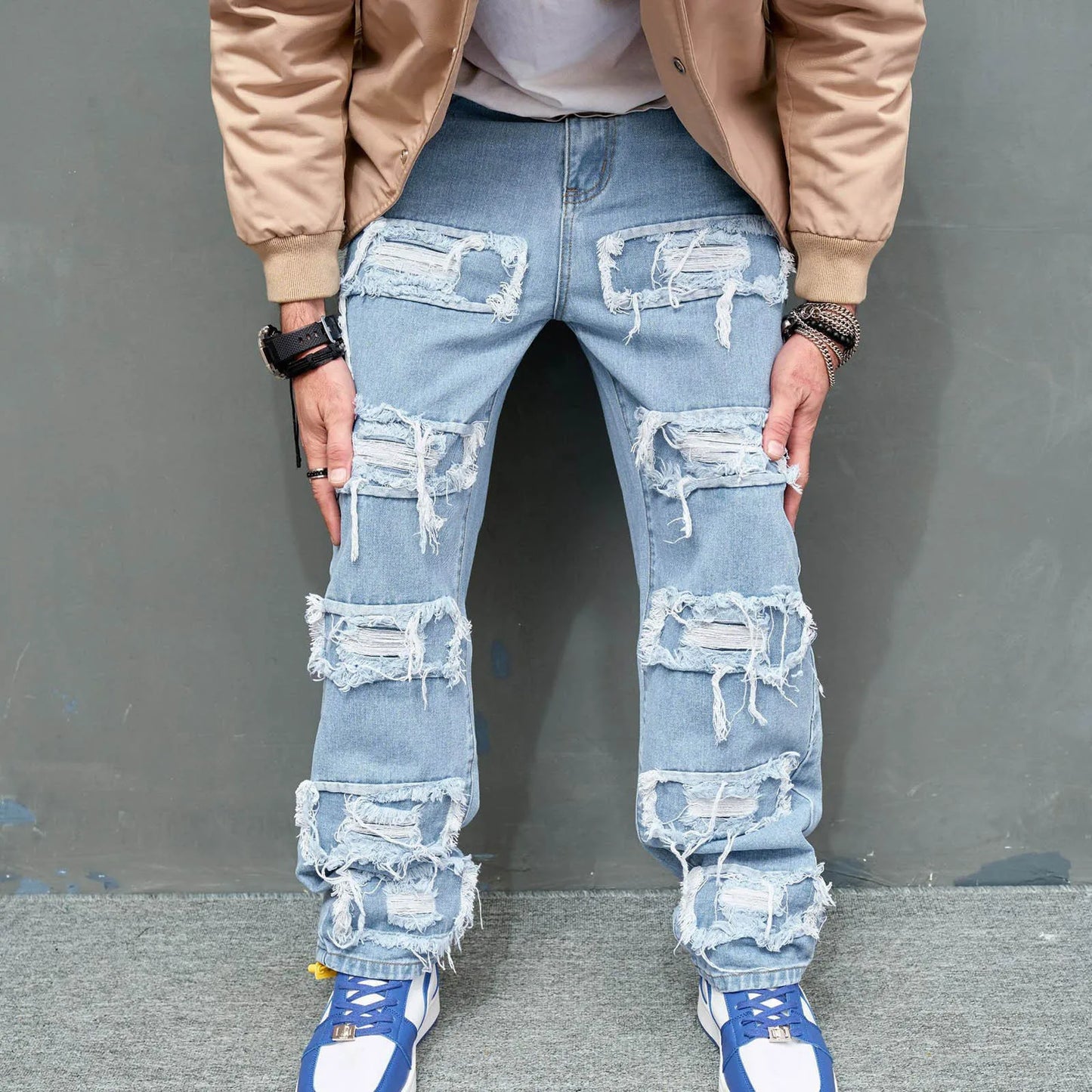 Men's Fashion Denim Cotton Hole Straight Comfortable Soft Business Denim Trousers Men's Brand Clothing Black Light Blue Pants