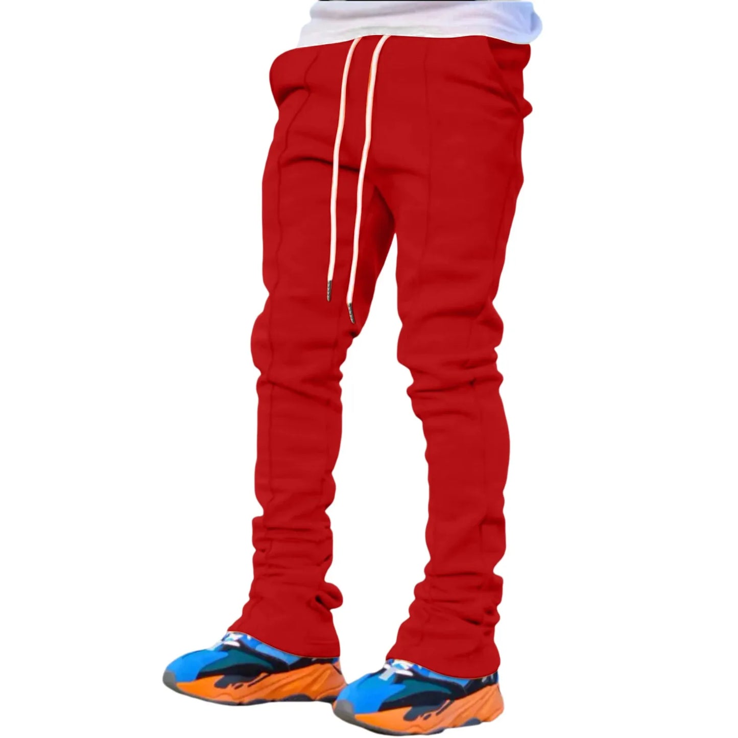 Sports Mens Pants Casual Four Season Long Flared Trousers Slim Fit Tie Elastic Waist Solid Color Male Trousers Pantalon Homme