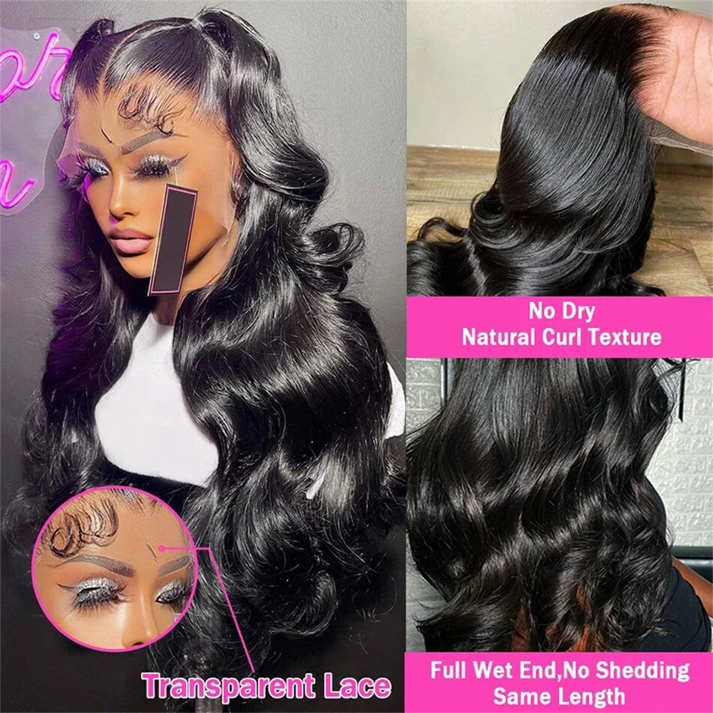 Body Wave 13x4 Transparent Lace Front Curly 100% Human Hair Wig Natural Black Lace Frontal Wigs 30 Inches Preplucked For Women