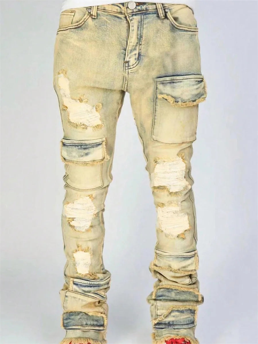 Men Ripped Denim Pants Distressed Skinny Cargo Pants Casual Trousers with Pockets for Streetwear Autumn Spring Clothes Punk Y2K