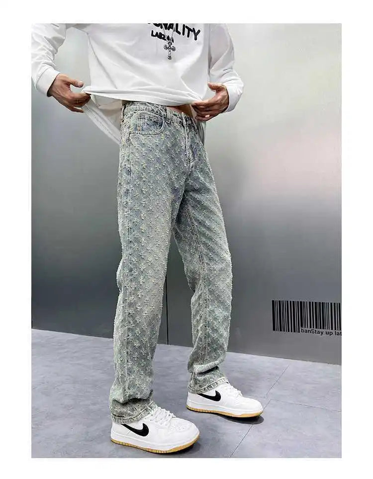 Korean Retro Long Pants High Street Ins Trendy Brand Jacquard Design Jeans Men's Street Y2K Loose Wide Leg Hip-hop Jeans