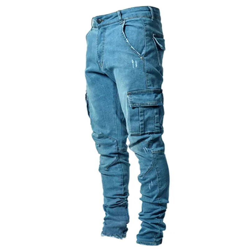 new Jeans Men Pants Wash Solid Color Multi Pockets Denim Mid Waist Cargo Jeans Plus Size Fahsion Casual Trousers Male Daily Wear