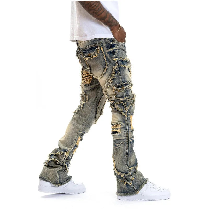 Men Ripped Stacked Jeans Distressed Slim Fit Skinny Straight Leg Jeans Fashion Hip Hop Denim Pants Casual Streetwear