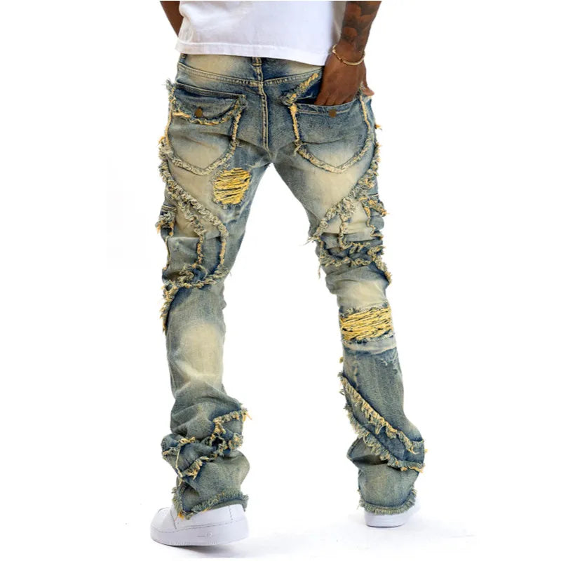 Men Ripped Stacked Jeans Distressed Slim Fit Skinny Straight Leg Jeans Fashion Hip Hop Denim Pants Casual Streetwear