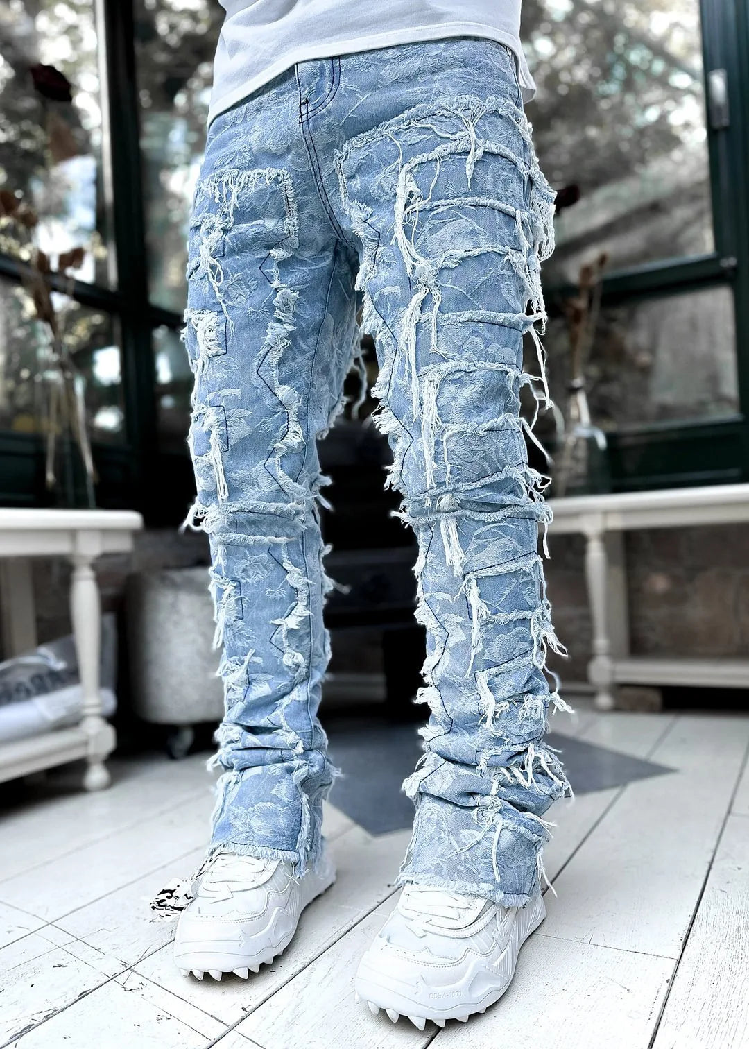 Streetwise Stretch Patch Jeans For Men Bottom Baggy Men's Clothing Summer Solid New Fashion Mid Waist Patchwork Long Pants Male