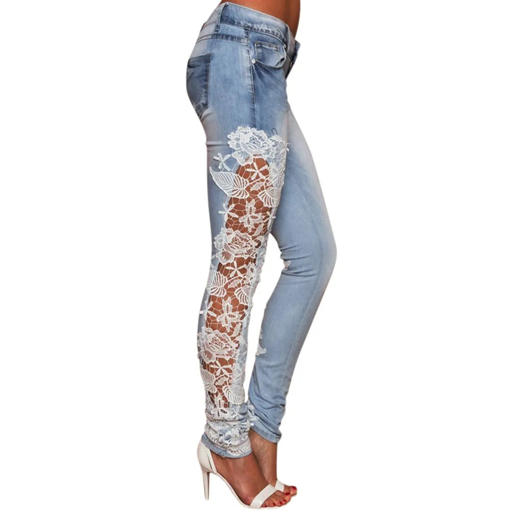 Denim Women'S Jeans Lace Hollow Out Appliques Transports Match Pencil Floral Fashion Pants Jeans Push Up Leggings Y2k Clothes